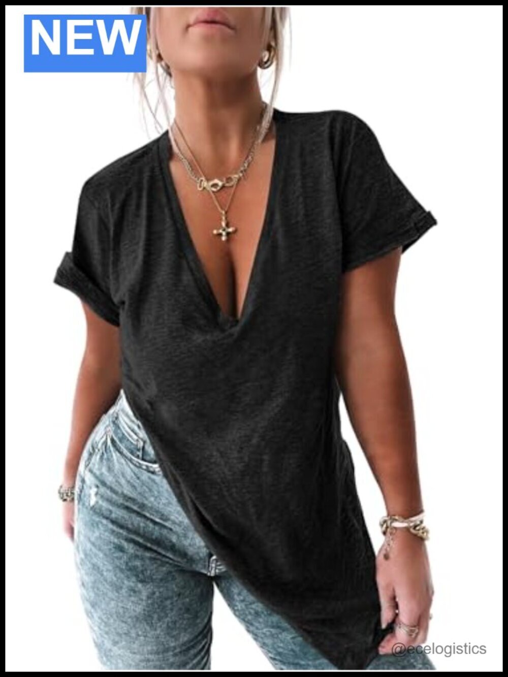Oversized V-Neck Tunic Top with Curved Hem - Loose Fit